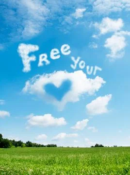 Message, sky and words in the clouds and nature for spring, love and summer Stock Illustration