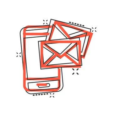 Message on smartphone icon in comic style. Mail with phone cartoon vector ill Stock-Illustration