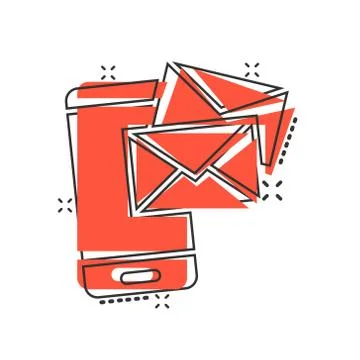 Message on smartphone icon in comic style. Mail with phone cartoon vector ill Stock Illustration