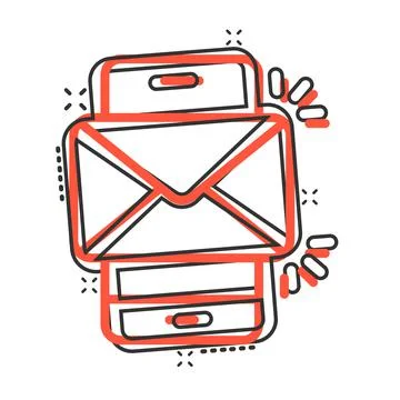 Message on smartphone icon in comic style. Mail with phone cartoon vector ill Illustrazione stock