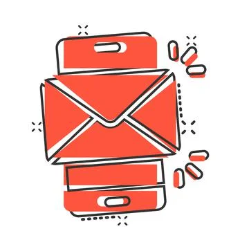 Message on smartphone icon in comic style. Mail with phone cartoon vector ill Illustrazione stock
