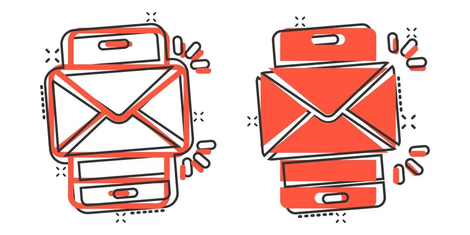 Message on smartphone icon in comic style. Mail with phone cartoon vector ill Stock-Illustration