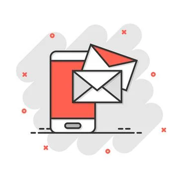 Message on smartphone icon in comic style. Mail with phone cartoon vector ill Illustrazione stock