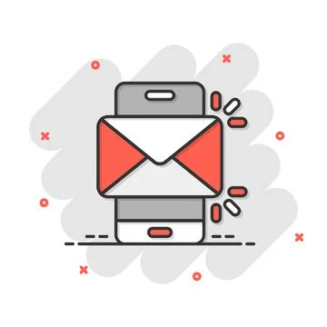 Message on smartphone icon in comic style. Mail with phone cartoon vector ill Illustrazione stock
