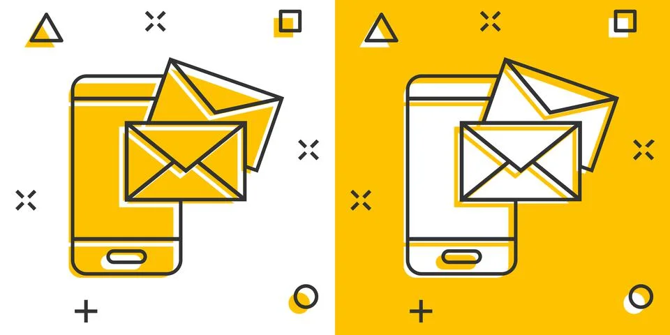 Message on smartphone icon in comic style. Mail with phone cartoon vector ill Illustrazione stock