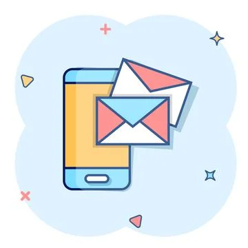 Message on smartphone icon in comic style. Mail with phone cartoon vector ill Stock-Illustration