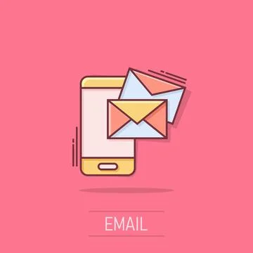 Message on smartphone icon in comic style. Mail with phone cartoon vector i.. Stock Illustration