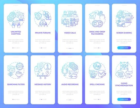 Message software blue gradient onboarding mobile app page screen set Stock Illustration