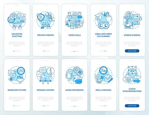 Message software blue onboarding mobile app page screen set Stock Illustration