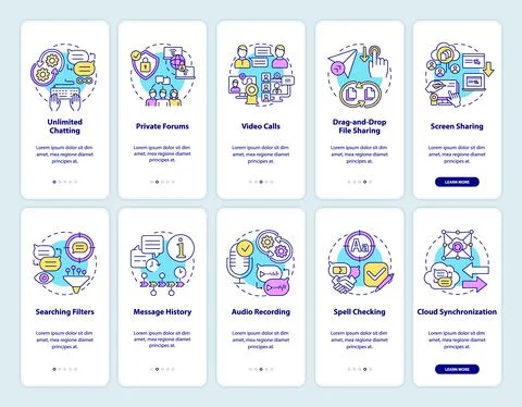 Message software onboarding mobile app page screen set Stock Illustration