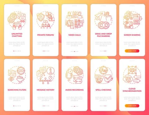 Message software red onboarding mobile app page screen set Illustrazione stock