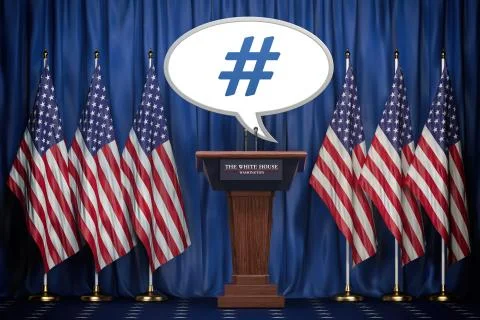 Message , tweet or speech bubble of the president of USA in White House. Spac Stock Photos
