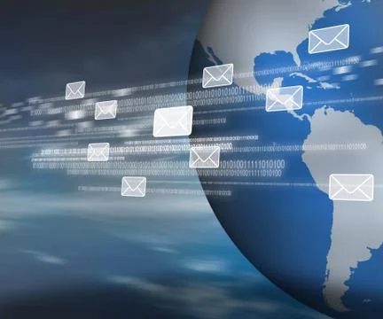 Messages and binary code moving across the world Illustrazione stock