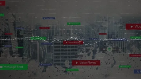 Messages arriving, dotted waveform pulsing and badges appearing over wet skyline Stock Footage 332821711