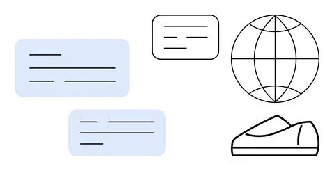 Messages displayed alongside global connectivity and digital sneaker icons Stock Illustration