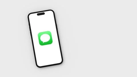 Messages Logo on Mobile Phone Screen on Flat Light Gray Background with Copy  Illustrazione stock