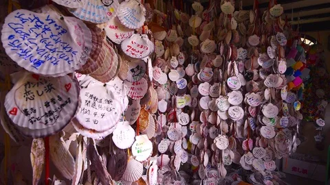 Messages on scallop shells, Koihama Station, Iwate Prefecture, Japan Stock Footage