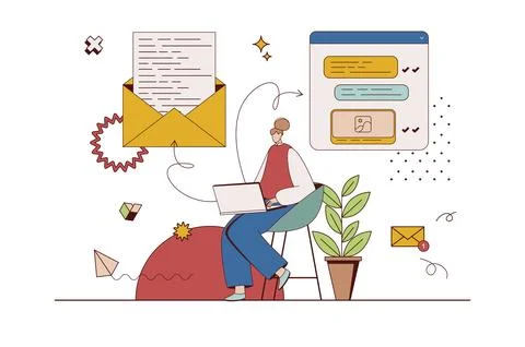 Messaging service concept with character situation in flat design. Woman wr.. Ilustración de archivo