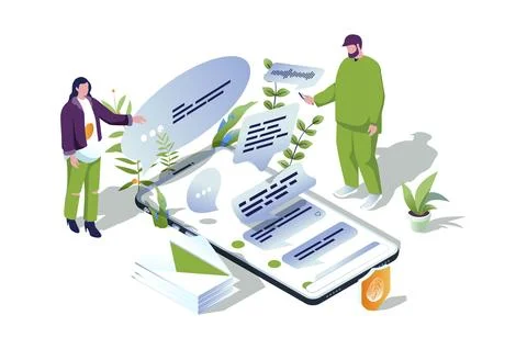Messaging service web concept in 3d isometric design. People writes messages  Stock Photos