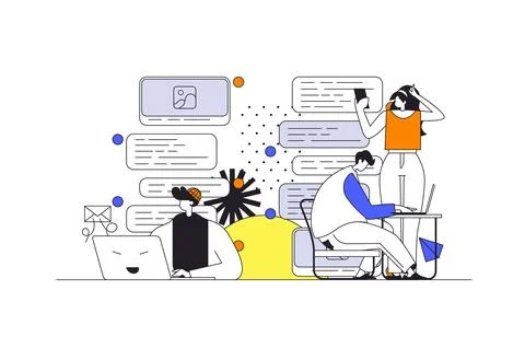 Messaging service web concept in flat outline design with characters. Man and Stock Illustration