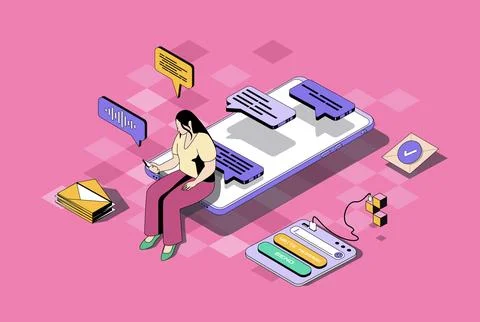Messaging services concept in 3d isometric design. Woman using mobile app for Stock Illustration