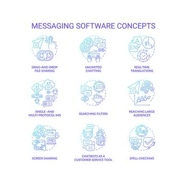 Messaging software blue gradient concept icons set Stock Illustration