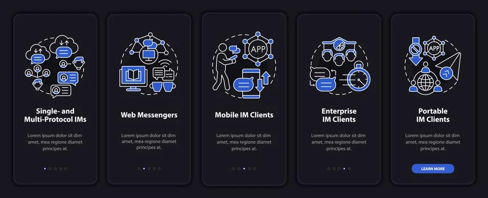 Messaging software dark onboarding mobile app page screen Stock Illustration