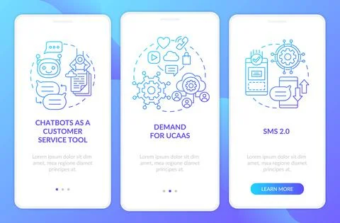 Messaging software trend blue gradient onboarding mobile app page screen Stock Illustration