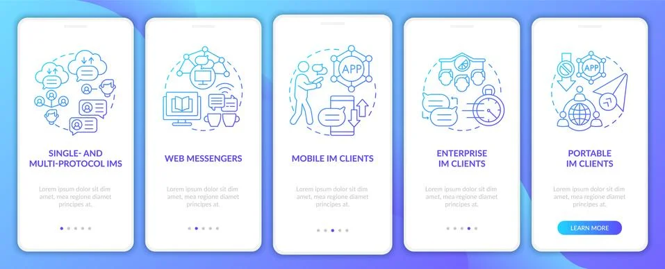 Messaging software types blue gradient onboarding mobile app page screen Illustrazione stock