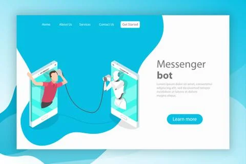 Messenger bot and ai flat isometric vector landing page template. Stock Illustration
