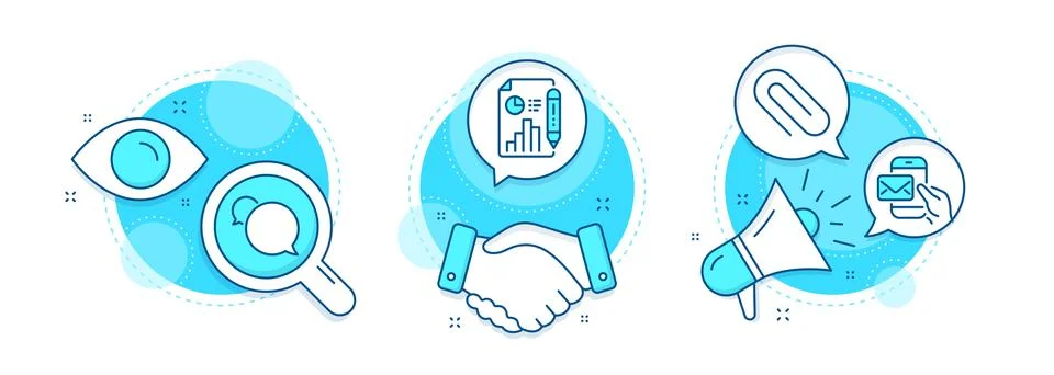 Messenger mail, Messenger and Report document icons set. Paper clip sign. Vector Stock Illustration