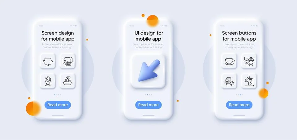 Messenger mail, Timer and Builder warning line icons pack. For web app. 3d phone Stock Illustration