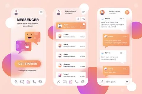 Messenger neumorphic elements kit for mobile app. Chat list, incoming message Illustrazione stock