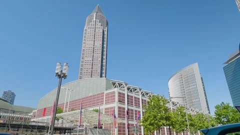 Messeturm skyscraper above the trade fair in Frankfurt Germany, business distric Video stock 342028839