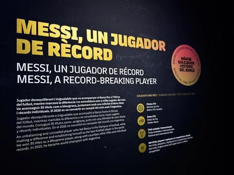 Messi a record breaking player wall display at FC Barcelona exhibition in B.. Stock Photos