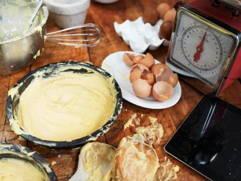 Messy baking preparation on kitchen table with cake mixture, kitchen scales, Stock-Fotos