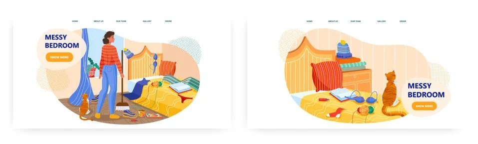Messy bedroom interior. Vector concept illustration. Young woman cleaning untidy Stock Illustration