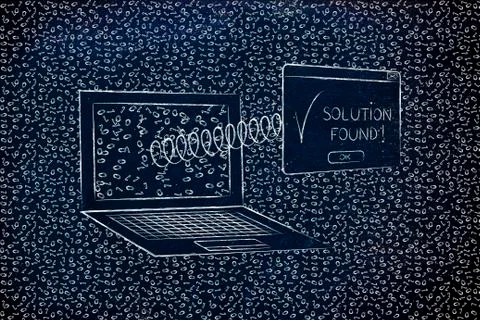 Messy binary code and laptop with pop-up message Solution Found Stock Illustration