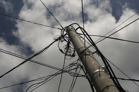 Messy cable pole 스톡 사진