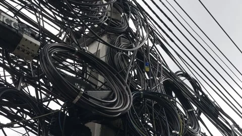 Messy cable wires on utility pole in urban city. Stock Footage 314552287