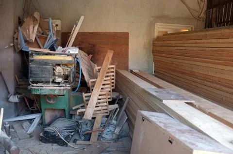 Messy carpenter workshop Stock Photos
