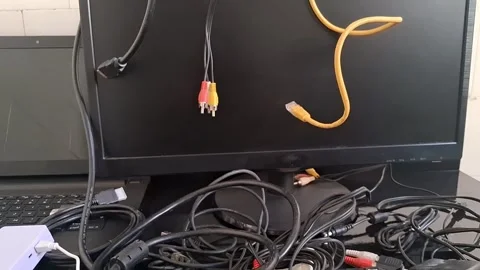 Messy computer cables on a desk. Tangled electronic wires and cords on a PC Stock Footage 340241510