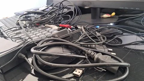 Messy computer cables on a desk. Tangled electronic wires and cords on a Foto stock