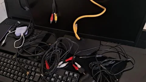 Messy computer cables on a desk. Tangled electronic wires and cords near a Stockfoto's