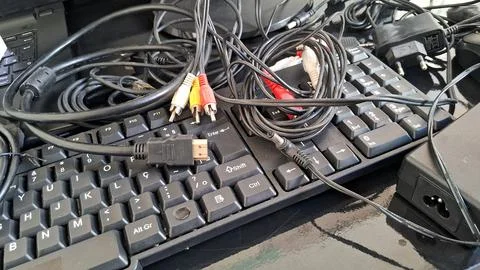 Messy computer cables on a keyboard. Tangled electronic wires and PC hardware Stock Photos