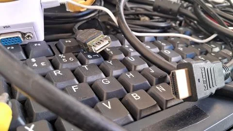 Messy computer cables on a keyboard. Tangled electronic wires and hardware Stock Photos