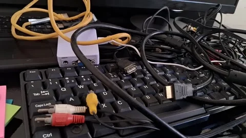 Messy computer desk with cables and coins. Cluttered workspace with electronic Stock Footage 340241511