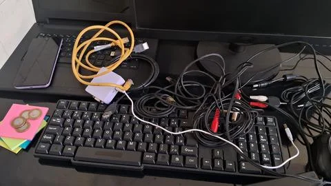 Messy computer desk with tangled cables. Disorganized workspace with laptop and Stock Photos