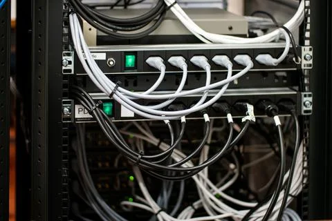Messy connection computer and LAN cables power cord plugs. close up shot no p Stock Photos