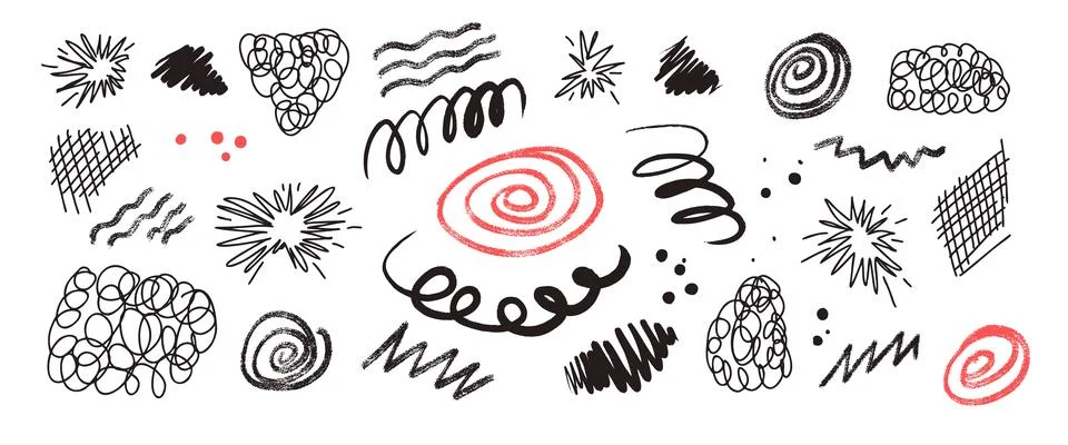 Messy doodle set featuring chaotic pen, crayon marks and abstract textures. Stock-Illustration